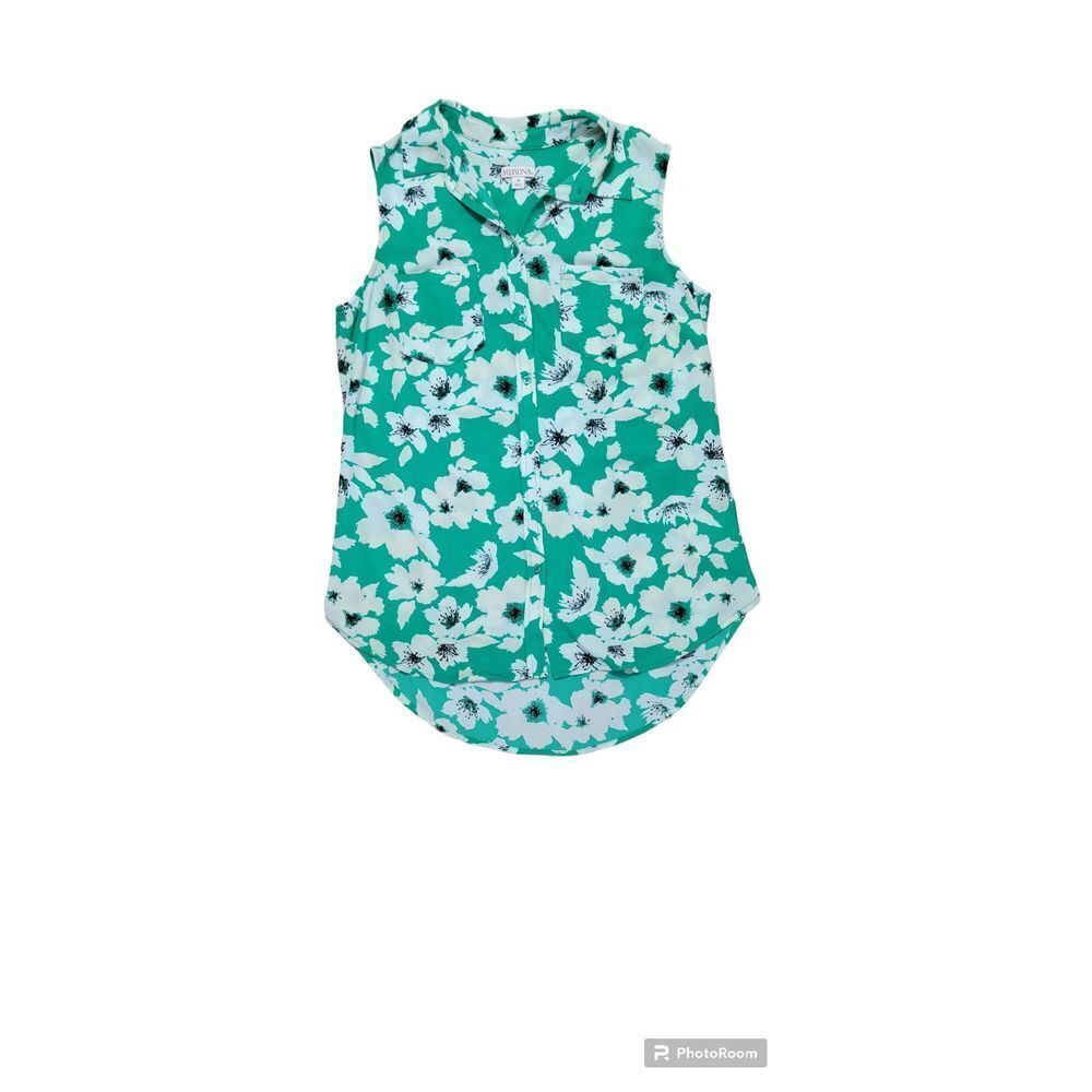 Merona Shirt Top Blouse Women's Medium Button Down Floral Tank Green and Cream - Picture 5 of 9